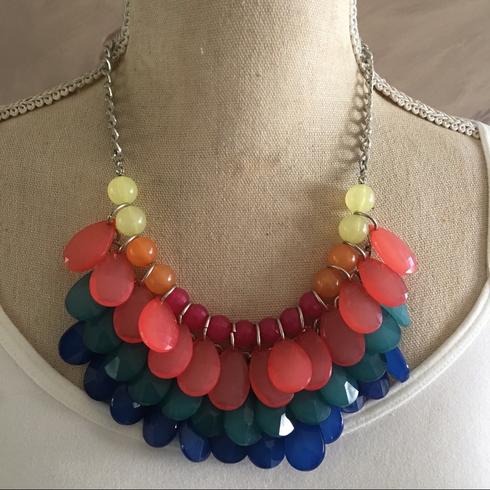 Colorful layered faceted resin bead cluster necklace